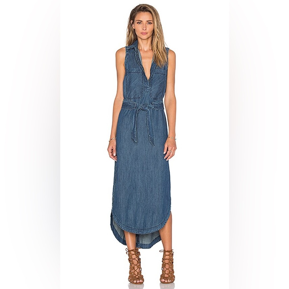 Free people cecilia denim maxi  dress Blue High Low size small